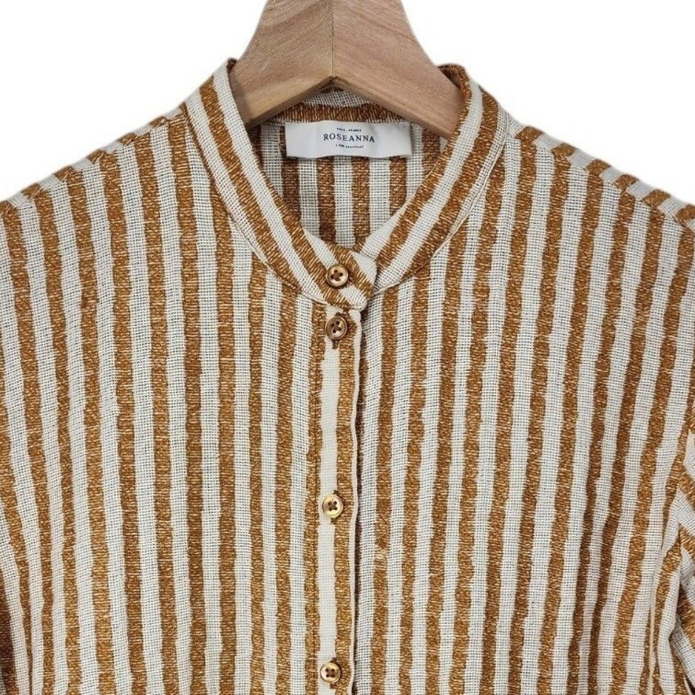 Roseanna Canvas Shirt Womens‎ 36 4 Ochre White Striped Band Collar Short Sleeve